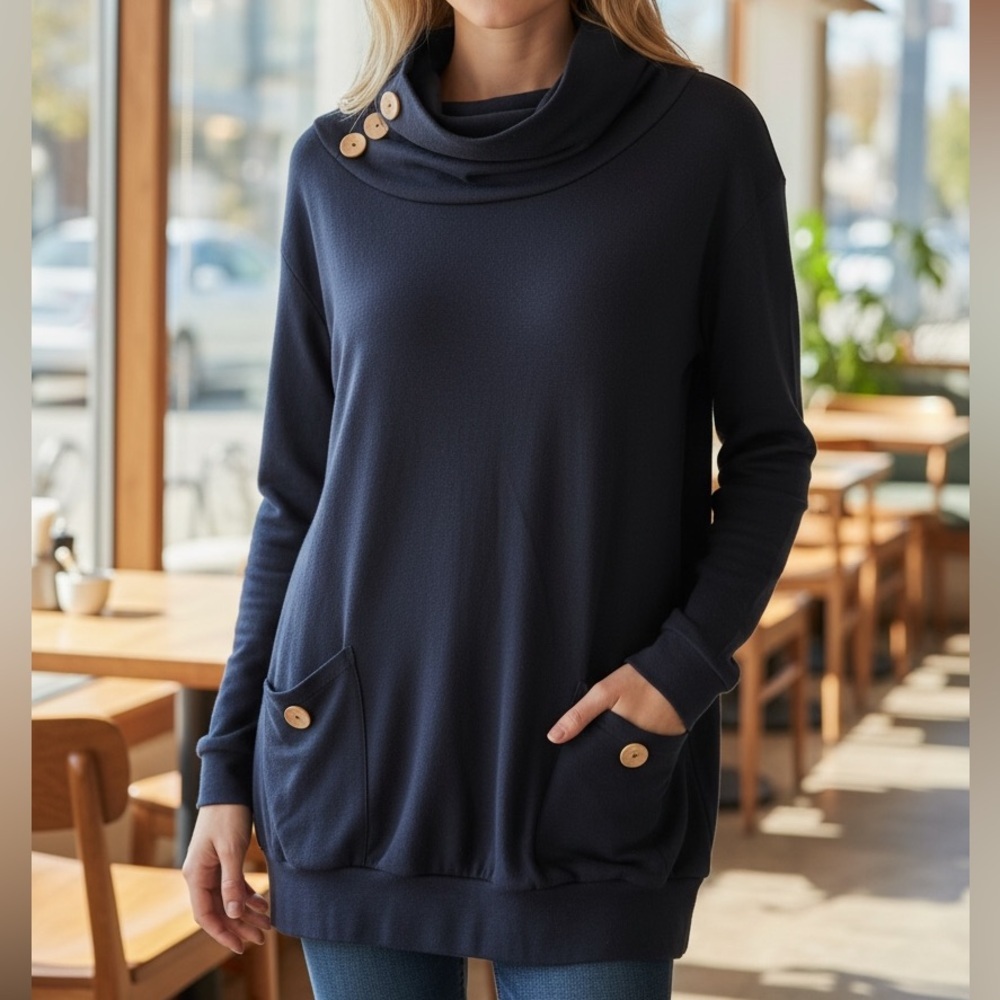 LEVACA Navy Button-Accent Sweater XL